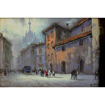 COPPIA PICCOLI QUADRI OLIO A. Galatan MINIATURA VEDUTA MILANO ANTICA CARROZZA 
