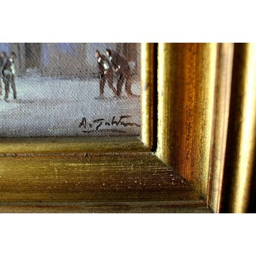 COPPIA PICCOLI QUADRI OLIO A. Galatan MINIATURA VEDUTA MILANO ANTICA CARROZZA 