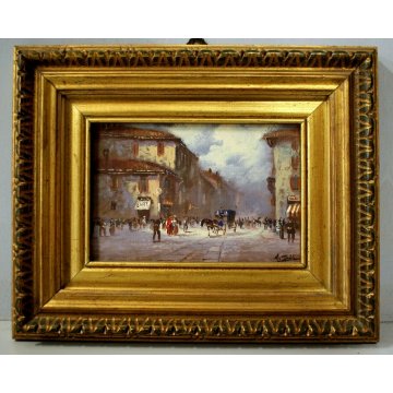 COPPIA PICCOLI QUADRI OLIO A. Galatan MINIATURA VEDUTA MILANO ANTICA CARROZZA 