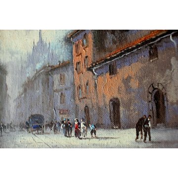 COPPIA PICCOLI QUADRI OLIO A. Galatan MINIATURA VEDUTA MILANO ANTICA CARROZZA 