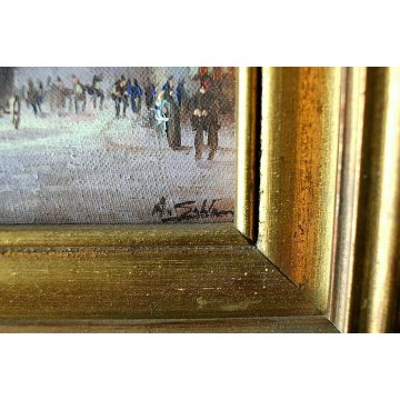 COPPIA PICCOLI QUADRI OLIO A. Galatan MINIATURA VEDUTA MILANO ANTICA CARROZZA 