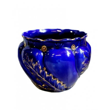 ANTICO CACHEPOT CERAMICA S.C. Richard BLU COBALTO DECORO FOGLIE D'ACANTO ORO 
