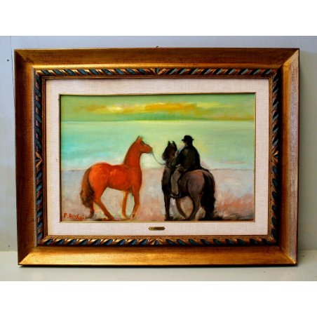 ANTICO QUADRO DIPINTO OLIO TELA Parigi Bruschi "Cavalli" PAESAGGIO MAREMMA MARE