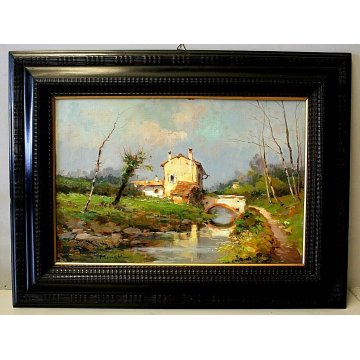 ANTICO QUADRO DIPINTO OLIO C. Moiraghi "Castellazzo nei dintorni di Milano" 1932