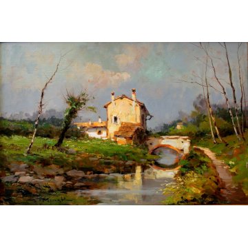 ANTICO QUADRO DIPINTO OLIO C. Moiraghi "Castellazzo nei dintorni di Milano" 1932