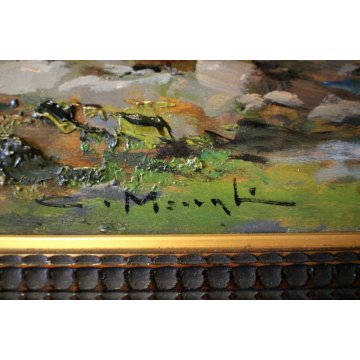ANTICO QUADRO DIPINTO OLIO C. Moiraghi "Castellazzo nei dintorni di Milano" 1932
