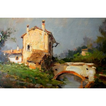 ANTICO QUADRO DIPINTO OLIO C. Moiraghi "Castellazzo nei dintorni di Milano" 1932