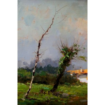 ANTICO QUADRO DIPINTO OLIO C. Moiraghi "Castellazzo nei dintorni di Milano" 1932