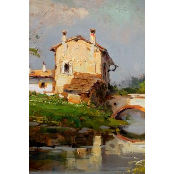 ANTICO QUADRO DIPINTO OLIO C. Moiraghi "Castellazzo nei dintorni di Milano" 1932