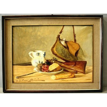 ANTICO QUADRO DIPINTO OLIO TAVOLA Ernesto Alcide CAMPESTRINI NATURA MORTA CACCIA