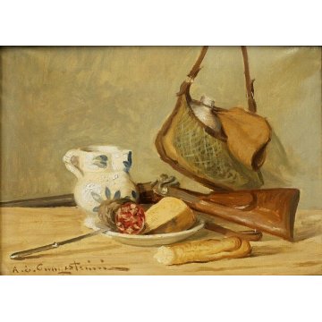 ANTICO QUADRO DIPINTO OLIO TAVOLA Ernesto Alcide CAMPESTRINI NATURA MORTA CACCIA