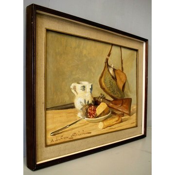 ANTICO QUADRO DIPINTO OLIO TAVOLA Ernesto Alcide CAMPESTRINI NATURA MORTA CACCIA