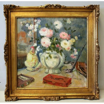 QUADRO DIPINTO OLIO TAVOLA Grossi Pietro NATURA MORTA VASO FIORI PEONIE ORIENTE