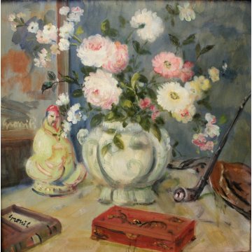 QUADRO DIPINTO OLIO TAVOLA Grossi Pietro NATURA MORTA VASO FIORI PEONIE ORIENTE
