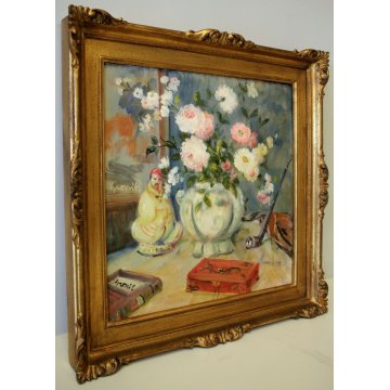 QUADRO DIPINTO OLIO TAVOLA Grossi Pietro NATURA MORTA VASO FIORI PEONIE ORIENTE