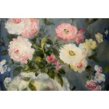 QUADRO DIPINTO OLIO TAVOLA Grossi Pietro NATURA MORTA VASO FIORI PEONIE ORIENTE