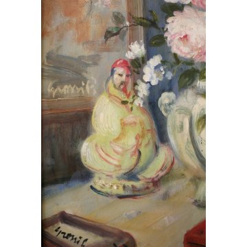 QUADRO DIPINTO OLIO TAVOLA Grossi Pietro NATURA MORTA VASO FIORI PEONIE ORIENTE