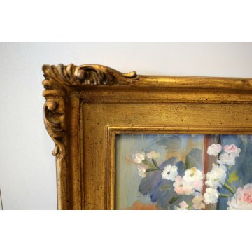 QUADRO DIPINTO OLIO TAVOLA Grossi Pietro NATURA MORTA VASO FIORI PEONIE ORIENTE