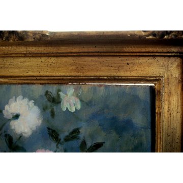 QUADRO DIPINTO OLIO TAVOLA Grossi Pietro NATURA MORTA VASO FIORI PEONIE ORIENTE