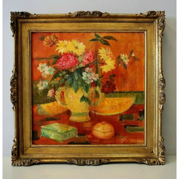 QUADRO DIPINTO OLIO TAVOLA Grossi Pietro NATURA MORTA FIORI DALIE E MELONI 1966