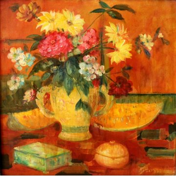 QUADRO DIPINTO OLIO TAVOLA Grossi Pietro NATURA MORTA FIORI DALIE E MELONI 1966