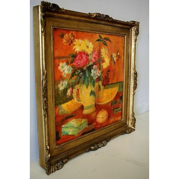 QUADRO DIPINTO OLIO TAVOLA Grossi Pietro NATURA MORTA FIORI DALIE E MELONI 1966