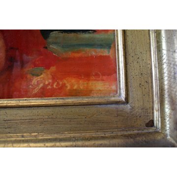 QUADRO DIPINTO OLIO TAVOLA Grossi Pietro NATURA MORTA FIORI DALIE E MELONI 1966
