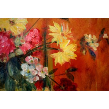 QUADRO DIPINTO OLIO TAVOLA Grossi Pietro NATURA MORTA FIORI DALIE E MELONI 1966