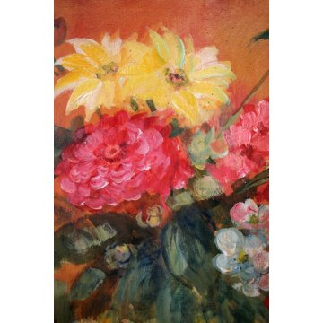 QUADRO DIPINTO OLIO TAVOLA Grossi Pietro NATURA MORTA FIORI DALIE E MELONI 1966