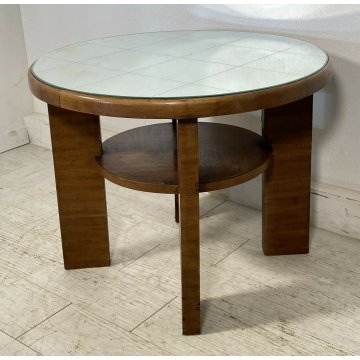 TAVOLINO ROTONDO BASSO DESIGN VINTAGE SPECCHIATO ANNI 50 ART DECO LEGNO SPECCHIO