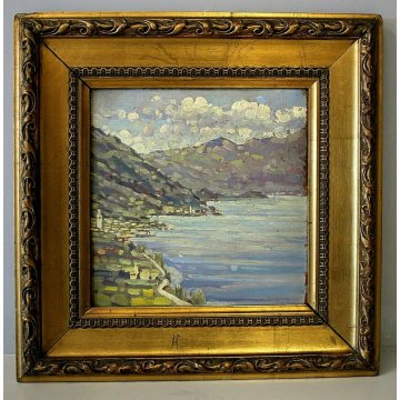 ANTICO QUADRO OLIO TAVOLA Emanuele Meazza LAGO LECCO PUNTA BELLAGIO MACCHIAIOLO