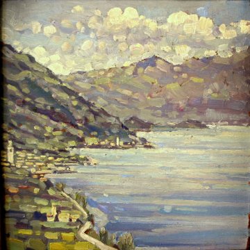 ANTICO QUADRO OLIO TAVOLA Emanuele Meazza LAGO LECCO PUNTA BELLAGIO MACCHIAIOLO