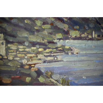 ANTICO QUADRO OLIO TAVOLA Emanuele Meazza LAGO LECCO PUNTA BELLAGIO MACCHIAIOLO