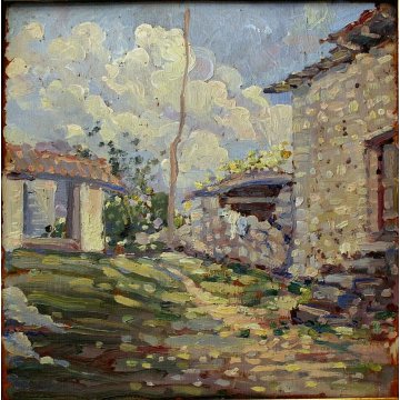 ANTICO QUADRO OLIO TAVOLA Meazza CASE SOPRA Maisano VALBRONA MACCHIAIOLO '900