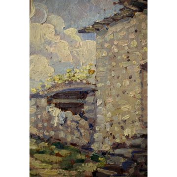 ANTICO QUADRO OLIO TAVOLA Meazza CASE SOPRA Maisano VALBRONA MACCHIAIOLO '900