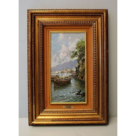 QUADRO DIPINTO OLIO TELA Riccardo Colucci PAESAGGIO MARINA BARCHE PESACATORE 