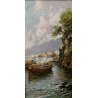 QUADRO DIPINTO OLIO TELA Riccardo Colucci PAESAGGIO MARINA BARCHE PESACATORE 