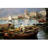 QUADRO DIPINTO OLIO TELA Riccardo Colucci PAESAGGIO MARINA BARCHE PESACATORE 