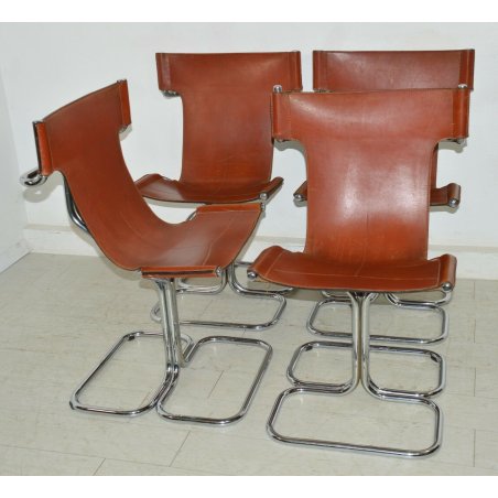 LOTTO 4 SEDIE DESIGN Guido Faleschini CUOIO ACCIAIO anni 70 VINTAGE CHAIR SET