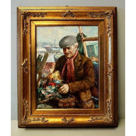 QUADRO DIPINTO OLIO TAVOLA Mario Salvatore RITRATTO MARINA PESCATORE PESCE MARE