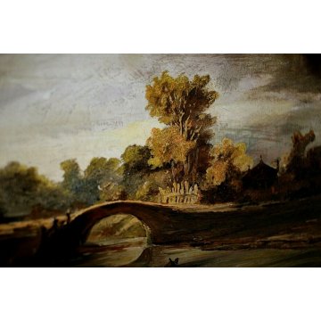 ANTICO QUADRO OLIO TAVOLA PAESAGGIO NORDICO AGRESTE SCUOLA FIAMMINGA FIGURE 800 