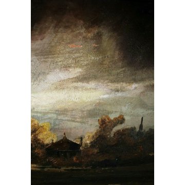 ANTICO QUADRO OLIO TAVOLA PAESAGGIO NORDICO AGRESTE SCUOLA FIAMMINGA FIGURE 800 