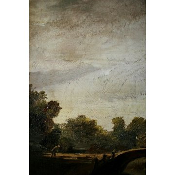 ANTICO QUADRO OLIO TAVOLA PAESAGGIO NORDICO AGRESTE SCUOLA FIAMMINGA FIGURE 800 