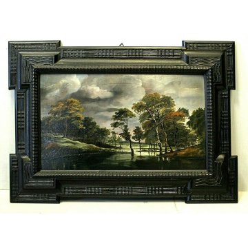 ANTICO QUADRO OLIO TAVOLA PAESAGGIO NORDICO LAGO LAGUNA SCUOLA FIAMMINGA '800 
