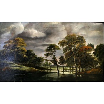 ANTICO QUADRO OLIO TAVOLA PAESAGGIO NORDICO LAGO LAGUNA SCUOLA FIAMMINGA '800 