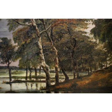 ANTICO QUADRO OLIO TAVOLA PAESAGGIO NORDICO LAGO LAGUNA SCUOLA FIAMMINGA '800 