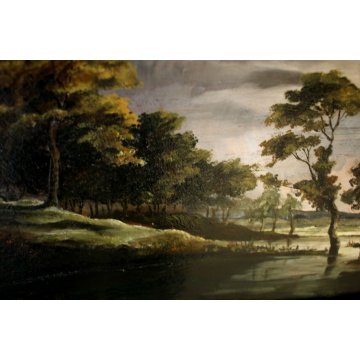 ANTICO QUADRO OLIO TAVOLA PAESAGGIO NORDICO LAGO LAGUNA SCUOLA FIAMMINGA '800 