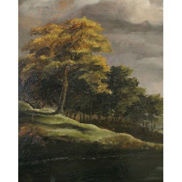 ANTICO QUADRO OLIO TAVOLA PAESAGGIO NORDICO LAGO LAGUNA SCUOLA FIAMMINGA '800 
