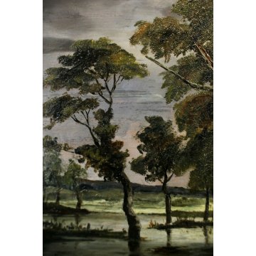 ANTICO QUADRO OLIO TAVOLA PAESAGGIO NORDICO LAGO LAGUNA SCUOLA FIAMMINGA '800 