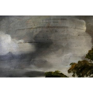 ANTICO QUADRO OLIO TAVOLA PAESAGGIO NORDICO LAGO LAGUNA SCUOLA FIAMMINGA '800 